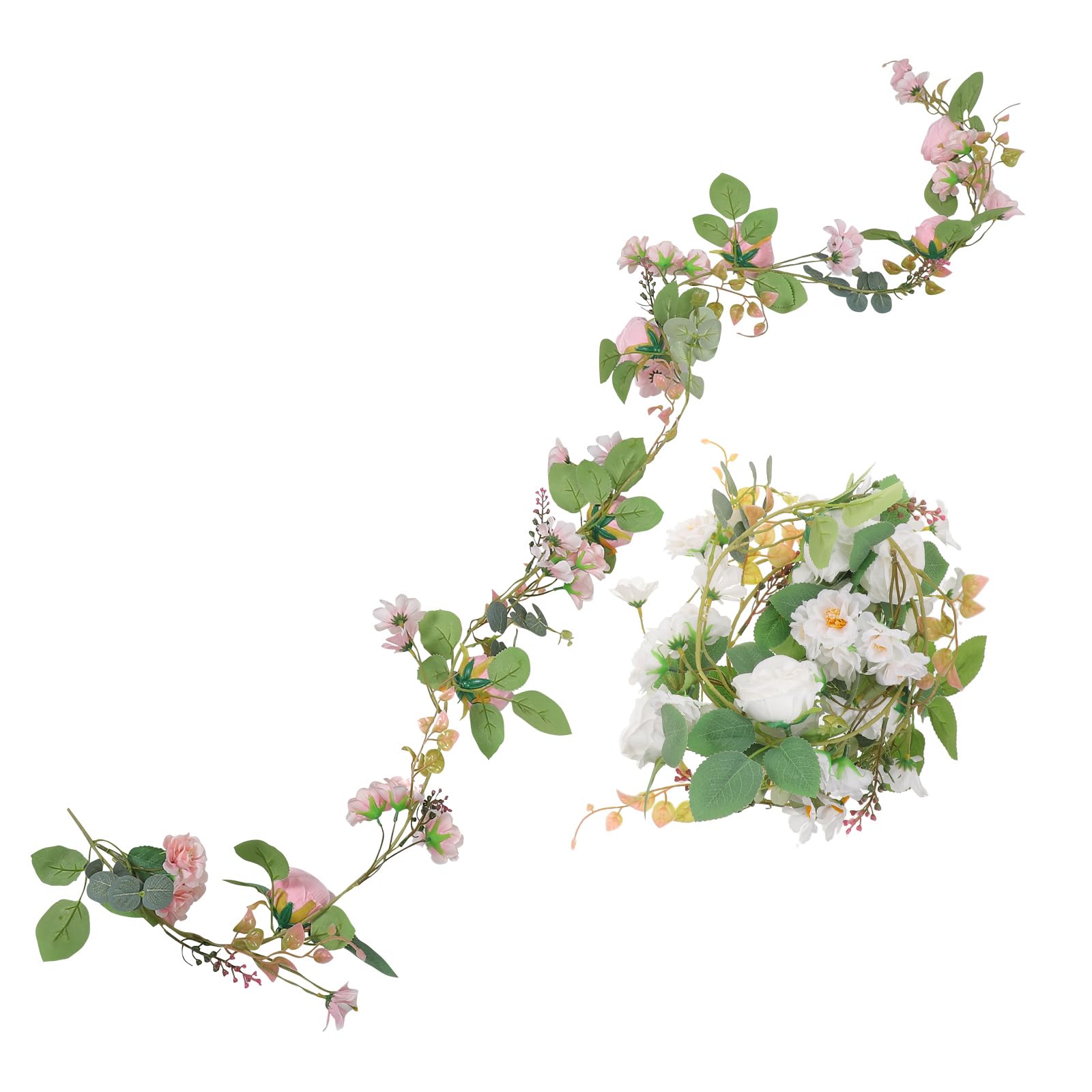 VALICLUD Ghirlanda di Fiori Artificiali Eucalipto e Piccole Margherite, Decorazione Floreale Primaverile per Matrimoni e Feste, Ghirlanda di Foglie Finte Verde da Interno per Centrotavola