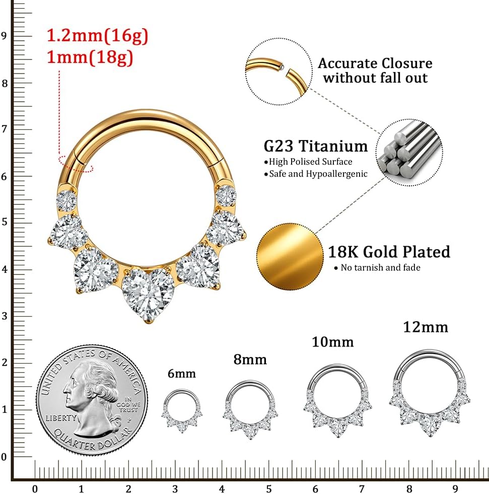 ARTFAN 16g ASTM F136 Titanium Septum Rings, Dainty Heart CZ Septum Jewelry Hinged Segment Clicker Nose Rings Hoops Helix Daith Tragus Conch Piercing Jewelry for Women Men
