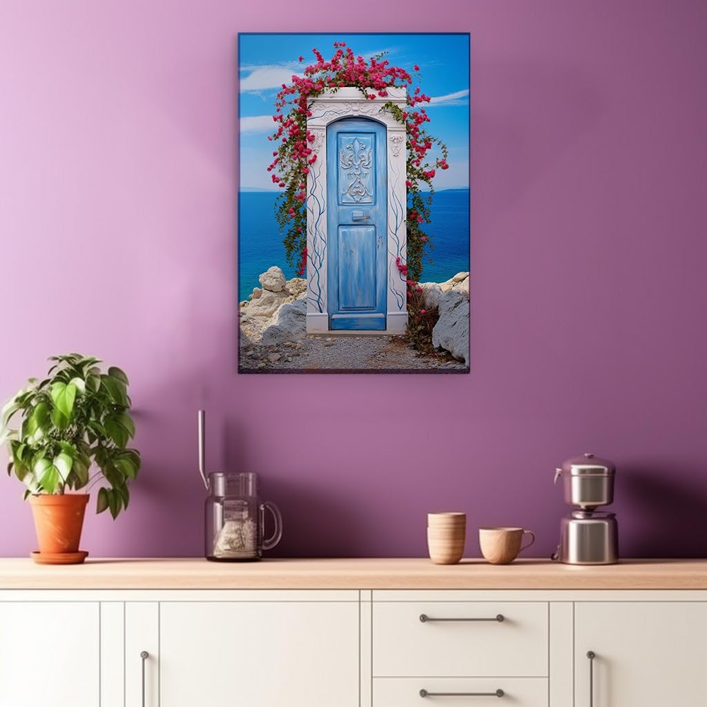 Canvas for Living room. Opening to Serenity: A Coastal Haven Framed by Florals and Blue Hues, 27 x 18 inch Canvas Wall Art - Contemporary Masterpieces - Botanical Home Decor
