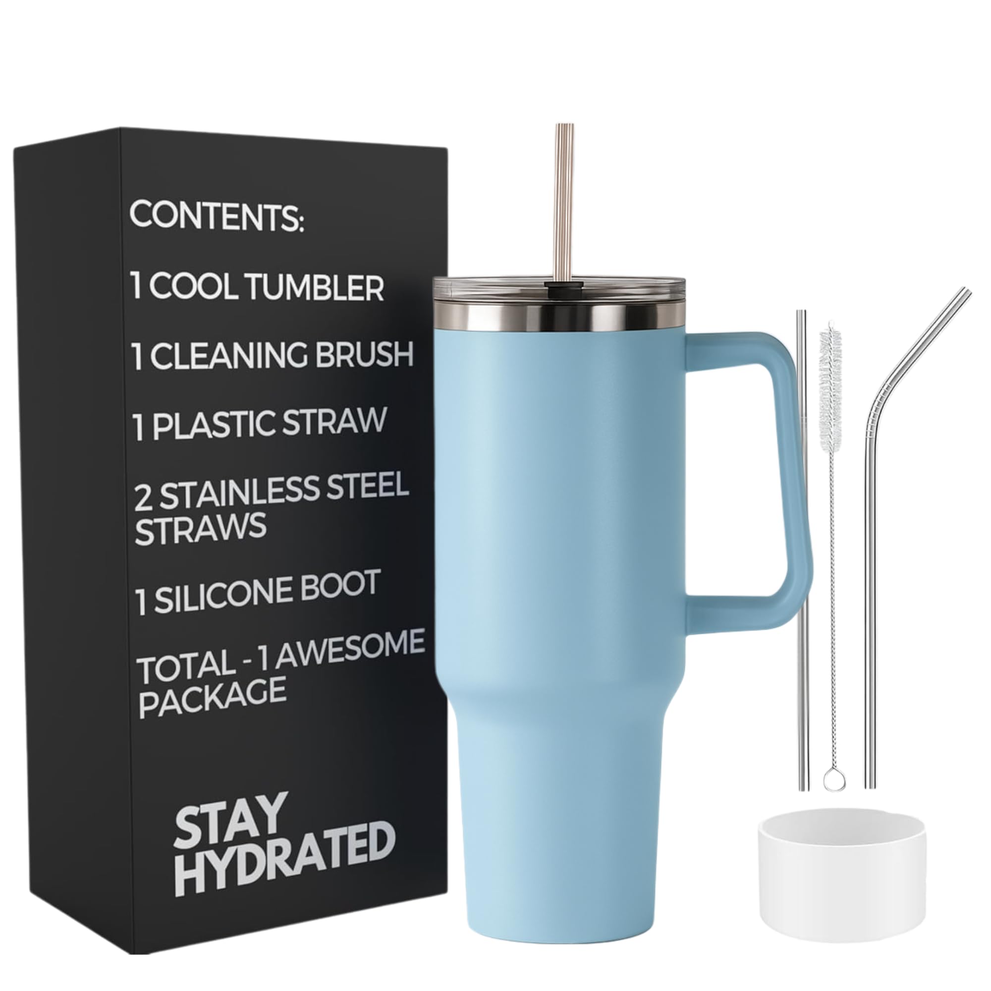 40oz Tumbler with Straw and Lid + 2 Stainless Steel Straws, Silicone Boot, 1.2 litres, Insulated Cup -Travel Mug with Handle - Birthday Gift for Women, Sky
