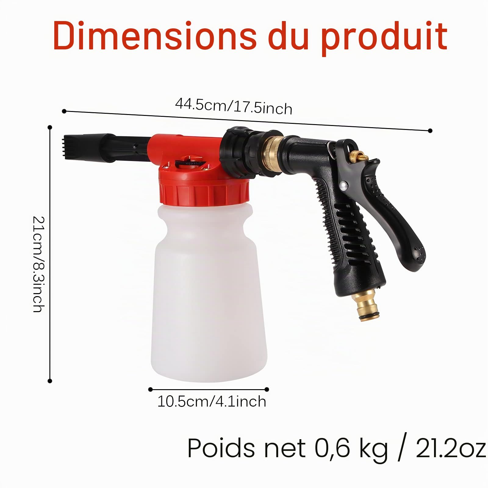 Pistolet à Mousse de Voiture 900ml, Lance à Mousse Réglable 2 En 1, Pistolet à Mousse de Nettoyage de Voiture Pour Raccordement de Tuyau D'arrosage (Rouge)