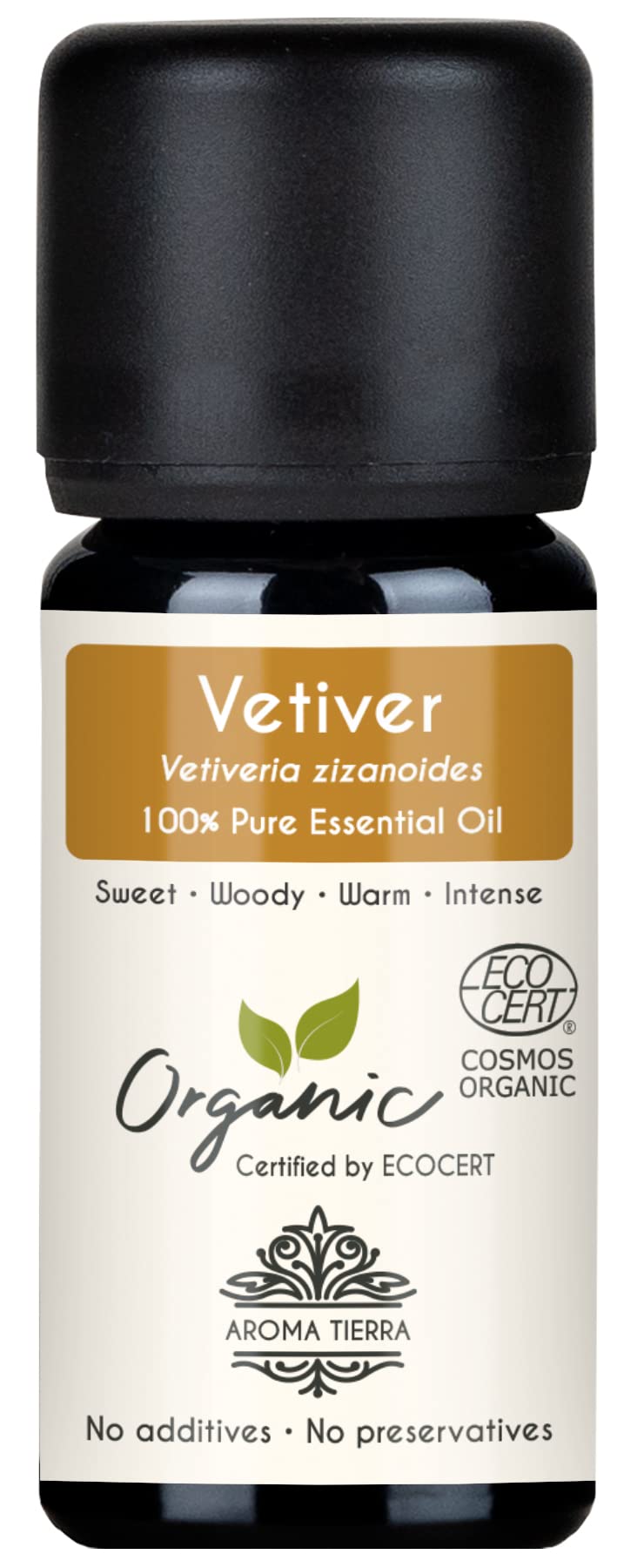 Organic Vetiver Essential Oil 10ml - 100% Pure & Natural - Creamy-Woody, Sweet & Balsamic - For Aromatherapy, Diffuser, Relaxation, Sleep, Skin & Perfumery
