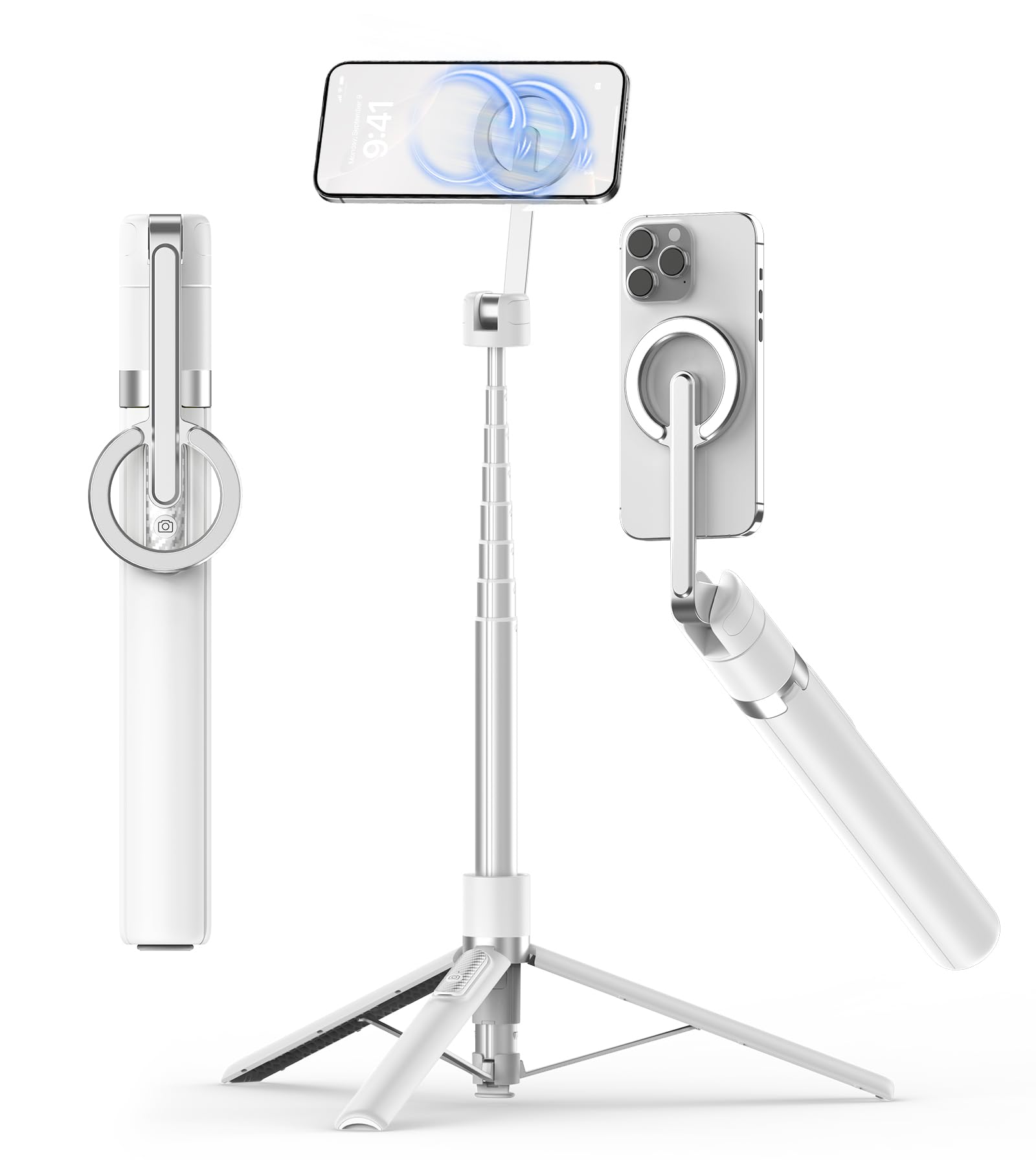 Photo 1 of ***RECOMENDED FOR PARTS/ MISSING RING PIECE **** TONEOF 68" Magnetic Selfie Stick Tripod with Aluminum Strong Magnetic Holder for Magsafe, 360° Rotatable Travel Phone Tripod Stand with Metal Ring & Rechargeable Remote for iPhone/Android?White?