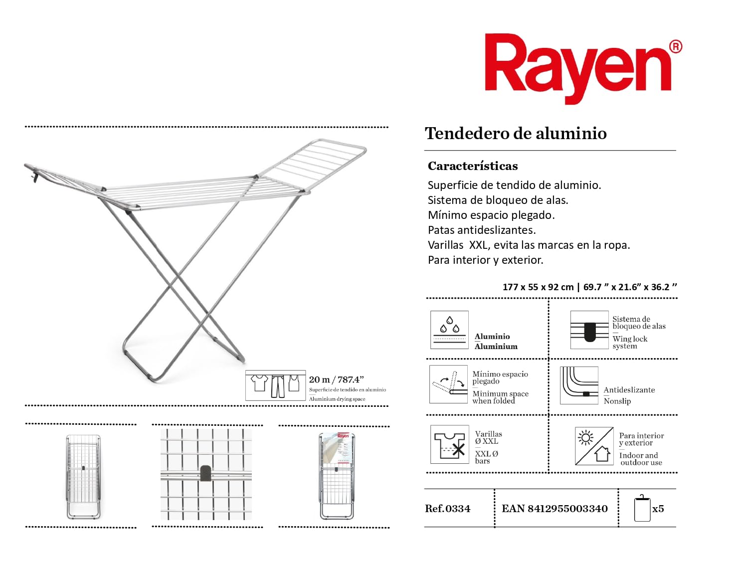 Rayen - Tendedero de Aluminio, con Superficie de 20 Metros, Sistema de Bloque de alas, Tendedero Plegable y Antideslizante, con Varillas XXL, para Interior y Exterior, Color Acero, 177 x 55 x 92 cm