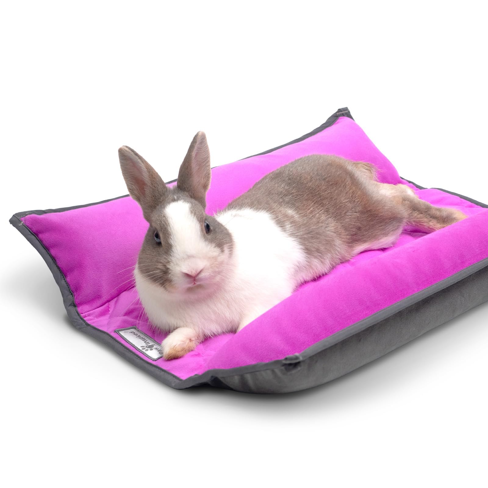 Paw Inspired Snuggle Bunny Bolster Bed for Rabbits, Cats, Dogs, Small Pets, 17x17-Inch Reversible Fleece Flop Bedding with Padded Sides (Gray/Pink)