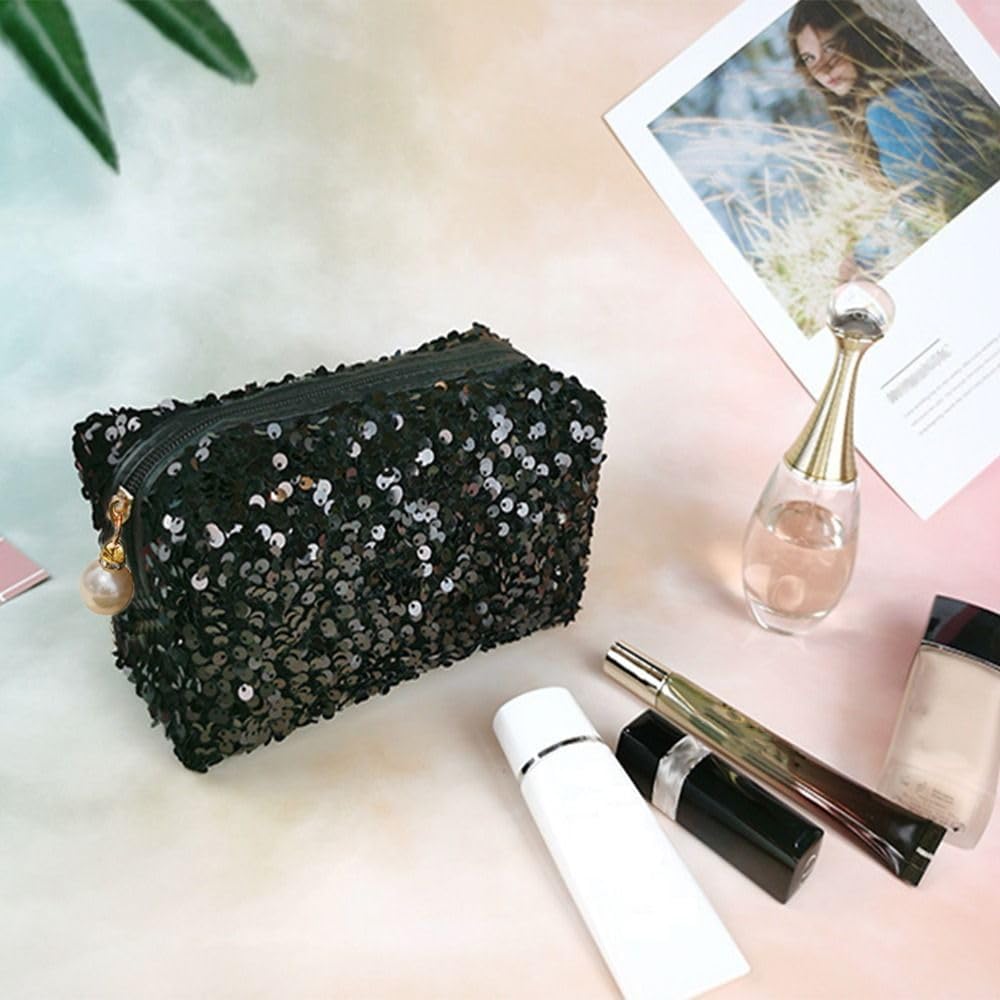 HomeSoGood Sequin Cosmetic Bag Large Glitter Makeup Zipper Bag Toiletry Bag Capacity Travel Cosmetic Handbag for Women Girls Travel Daily Use(Black) - Image 6
