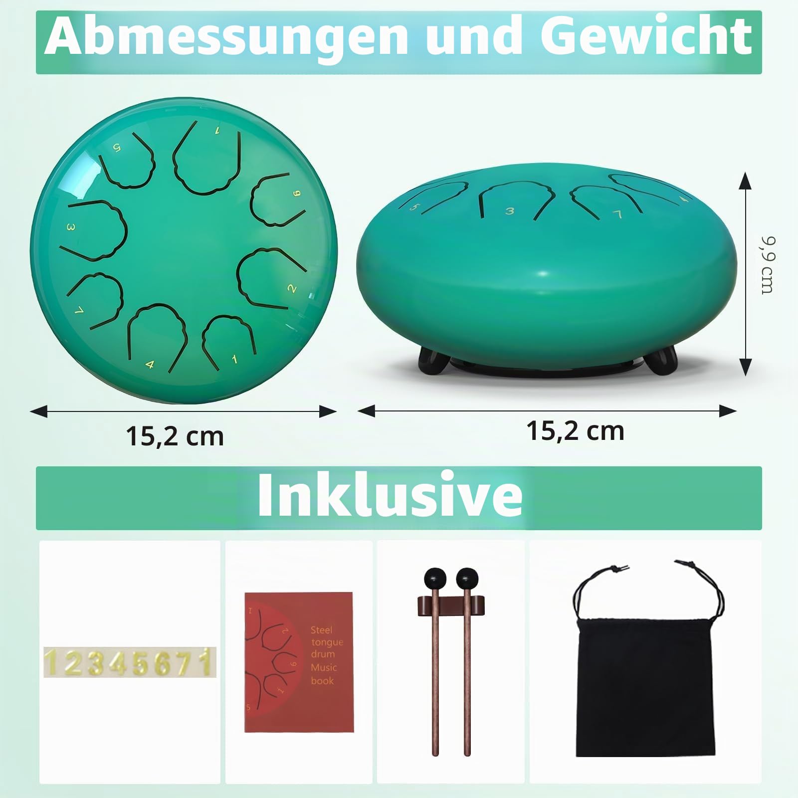 Regentrommel für draußen, 8 Töne, Stahlzunge, Musikinstrument-Trommel, Regenspiel, Regentrommel für Garteninstrument, Chakra-Schlagzeug mit Musikbuch (See blau, 6 Zoll)