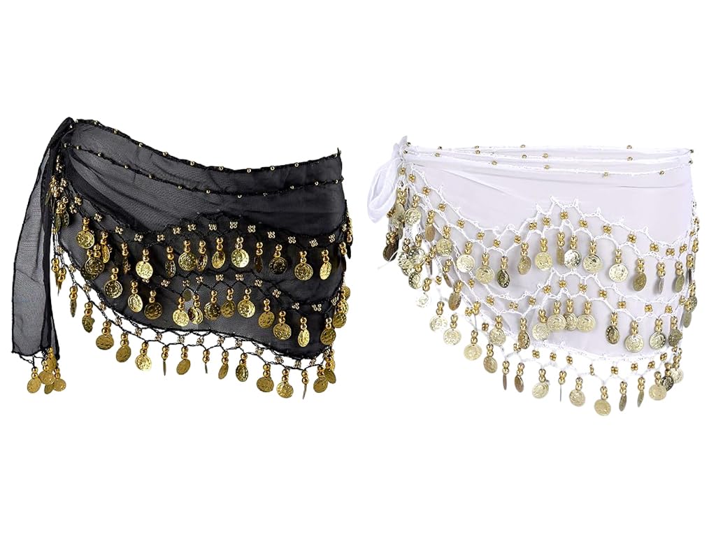 Ceinture Danse Orientale Femme, 2 Pièces Jupe de Danse du Ventre, Foulard de Hanche de Danse du Ventre, Costume de Danse du Ventre, Jupe Ceinture Monnaie, pour Performance,Danse (Noir, Blanc)