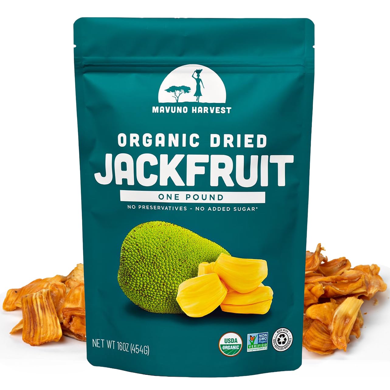 Mavuno Harvest Jackfruit Dried Fruit Snacks | Unsweetened Organic Dried Jackfruit Chips | Gluten Free Healthy Snacks for Kids and Adults | Vegan, Non GMO, Direct Trade | 1 Pound BagUSDA Organic