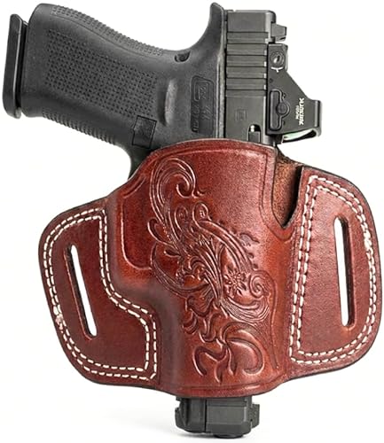 Hazza Optic Ready Leather Holster for Glock 43 / 43X MOS, Sig P365, Hellcat OSP & Canik MC9 - Red Dot Compatible Minimalist OWB Pancake for Micro 9mm - Right Hand (Brown)