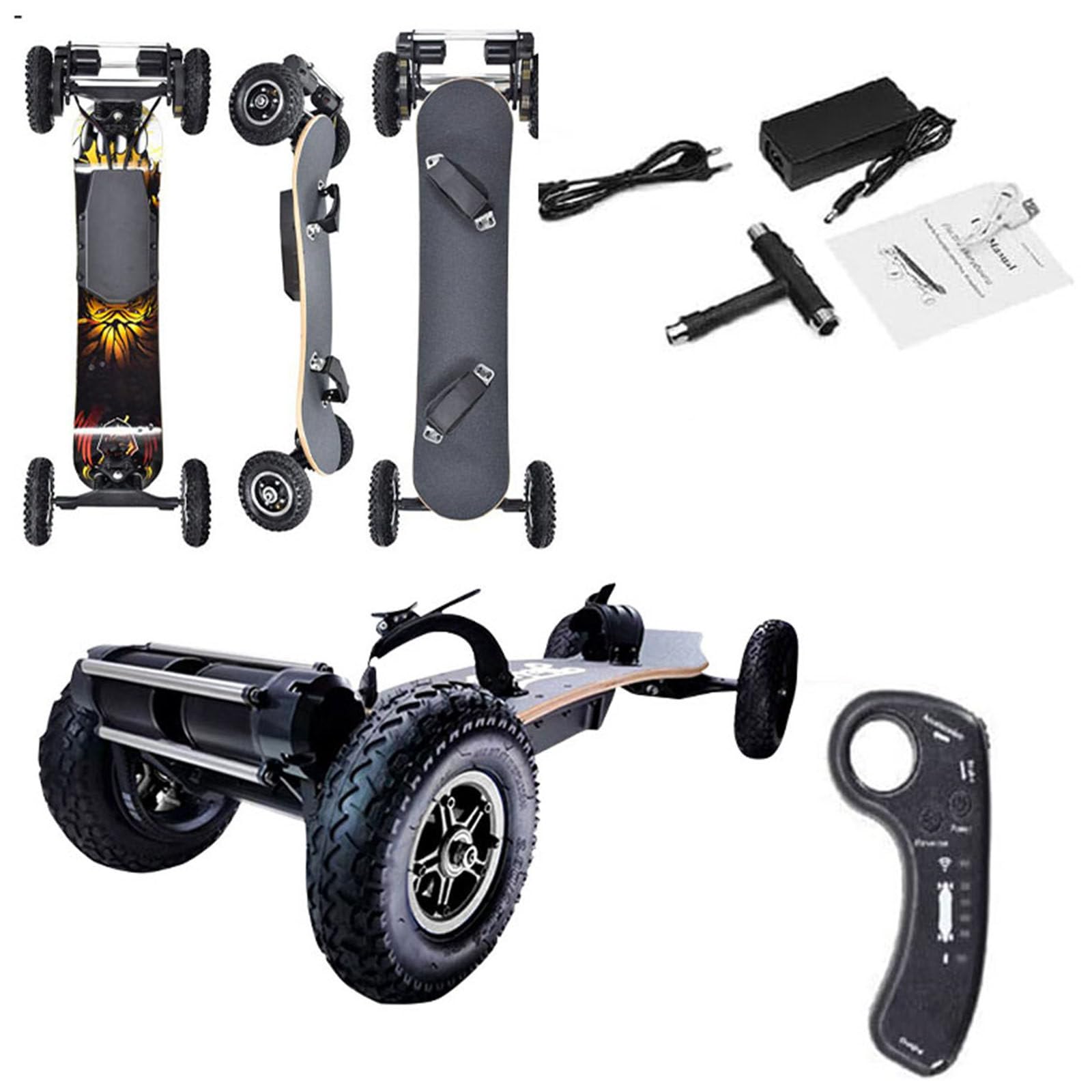 Skateboard électrique avec télécommande LCD, Longboard électrique Tout-Terrain, Double Moteur 1650 W, Vitesse maximale de 43 km/h et autonomie de 29 km Left