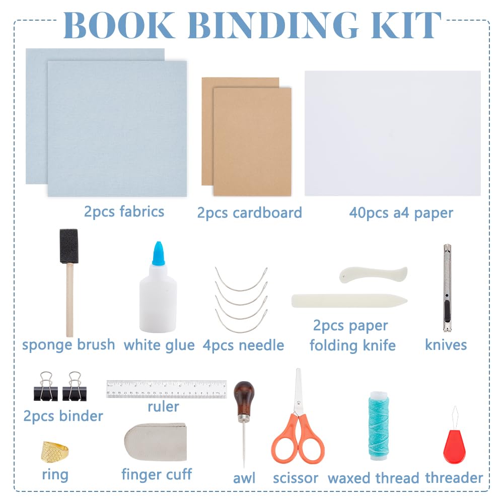 WEBEEDY Bricolage Kit de Reliure à Long Point 61 Pcs Kit de Reliure à Main comprenant Pince à Os, Poinçon à Papier, Aiguilles à Gros Yeux, Fil de Cire, Colle, Règle, 15X21cm(A5)