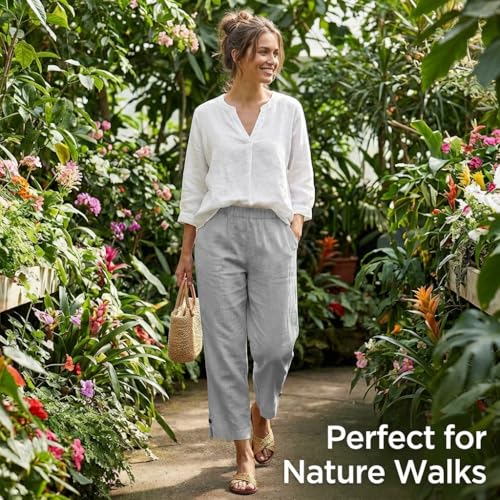 Image of Linen Pants Women 2026 Summer Beach Vacation Trousers Elastic Waist Linen Capris Pants Boho Casual Travel Pant