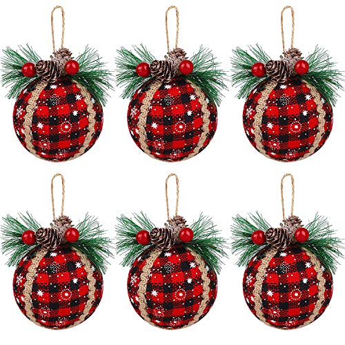 Iceyyyy 6Pcs Christmas Plaid Ball Ornaments - 2.3 Inch Black & Red Buffalo Plaid Fabric Ball Ornaments With Pine Cones And Greenery, Plaid Christmas Tree Hanging Ball Ornaments Festive Decorations #TOP4