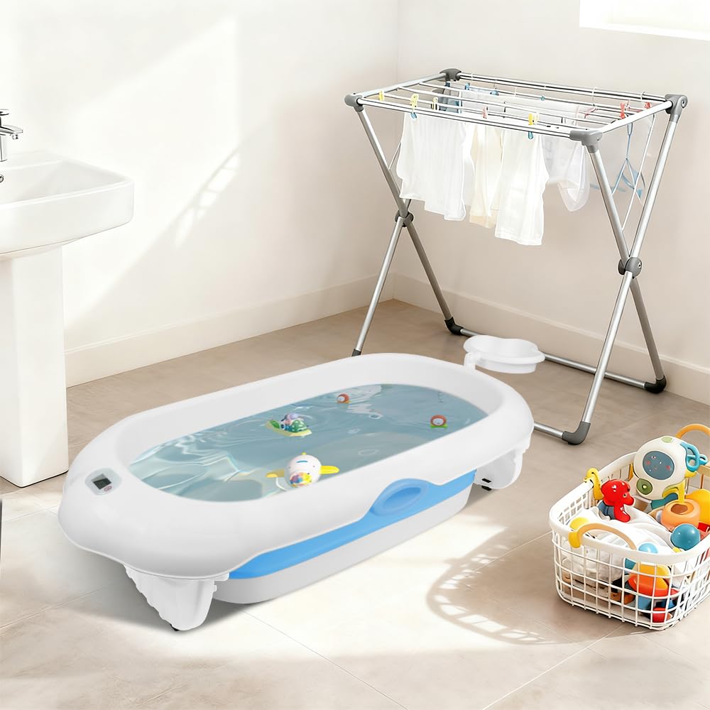 Homewell - Bañera de bebé plegable con cojín de baño para bebé y termómetro digital, bañera para el hogar y los viajes, fácil de limpiar (azul)