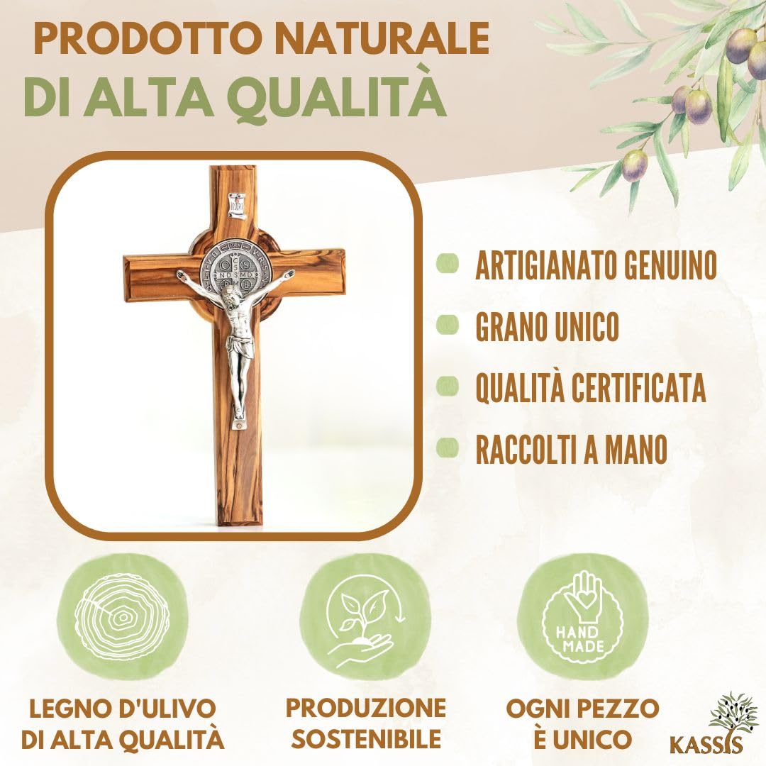 KASSIS Crocifisso di San Benedetto fatto a mano - Croce da parete in legno d'ulivo 16 cm - Regalo per nascita, battesimo, cresima e comunione - Decorazioni religiose per la casa