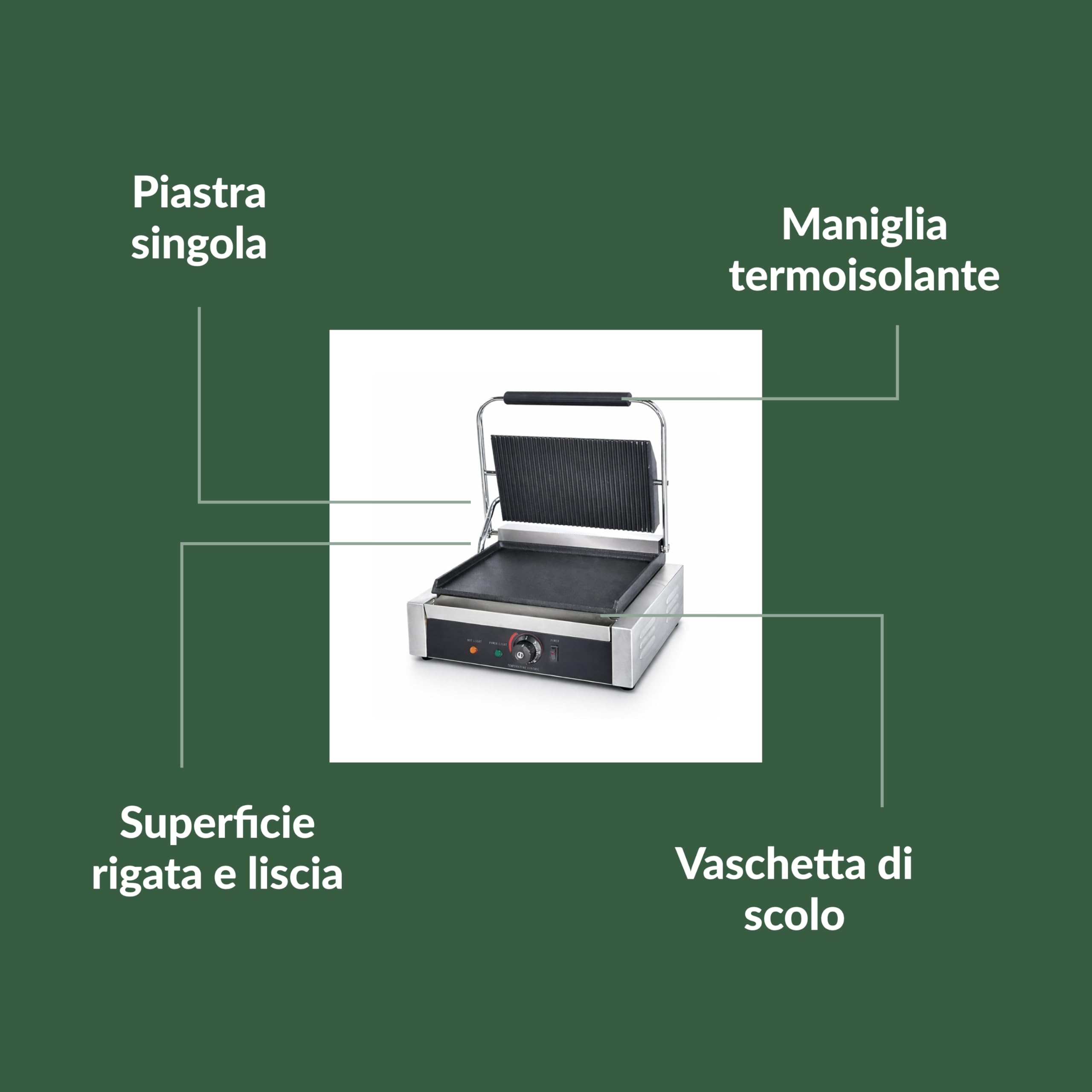 Ristoattrezzature - Piastra Panini Elettrica Singola - Rigata/Liscia - Griglia Professionale per Ristoranti e Bar - 42,5x37x21 cm - 2.2 kw