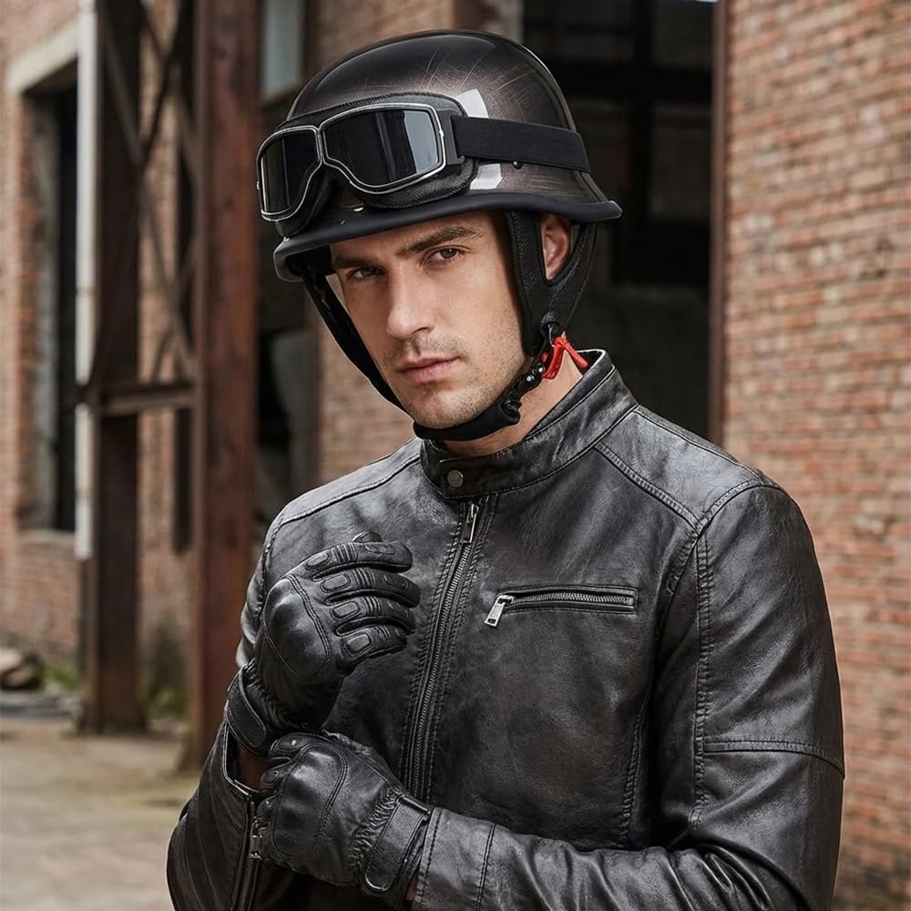 Motorrad Halbhelme ECE-Zertifiziert, Retro Chopper Helm mit ABS-Außenkörper EPS-Schutz, Netz-Innenfutter, Schnellverschlussschnallen, Moped/Scooter/Motorrad Helm für Erwachsene