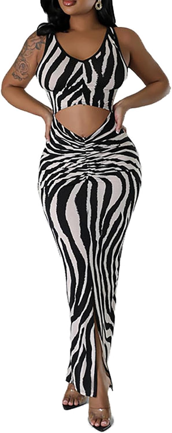 Yuopeid Women's Sexy Halter Sleeveless Spaghetti Straps Bodycon Fashion Striped Printed Cocktail Party Long Maxi Dress - Image 3