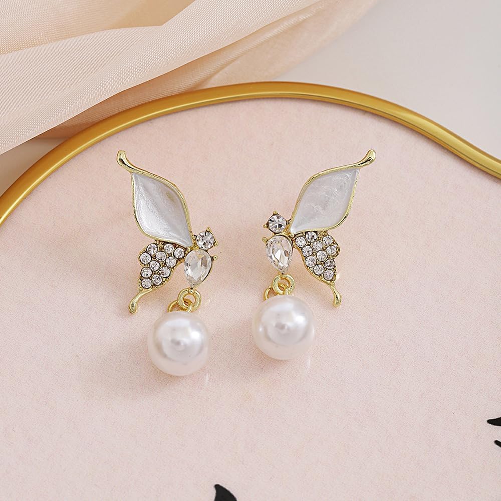 Dainty Butterfly Earrings for Women 14K Gold Cubic Zirconia Pearl Butterfly Dangle Earrings Hypoallergenic Oil Drip Drop Earrings Jewelry Presents - Image 7