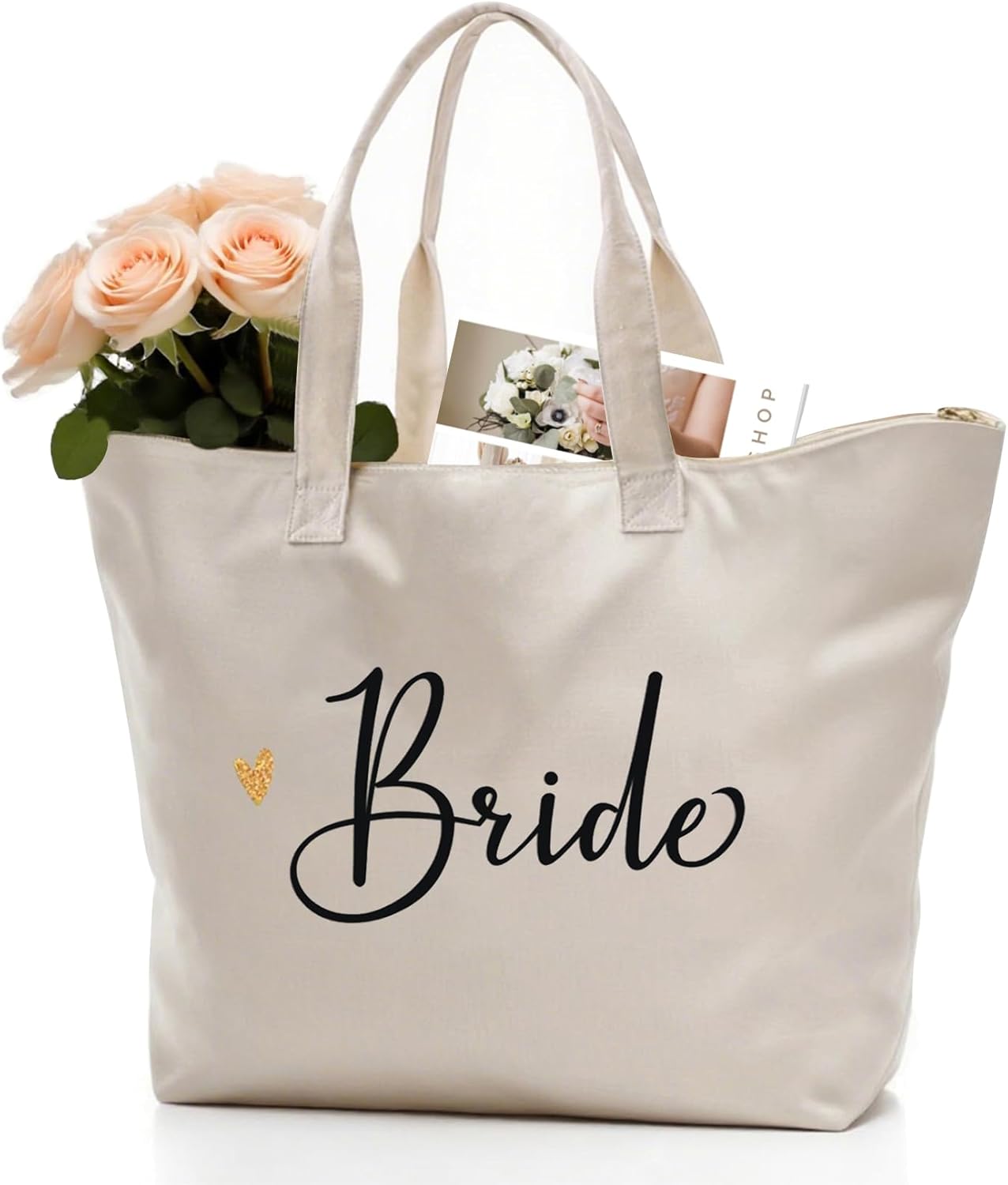 CARAKNOTS Bride Gifts Bride Bag for Wedding Bachelorette Engagement Party Accessories Bridal Shower Gifts Cotton Beach Canvas Tote Shoulder Bag with Zipper and Pocket