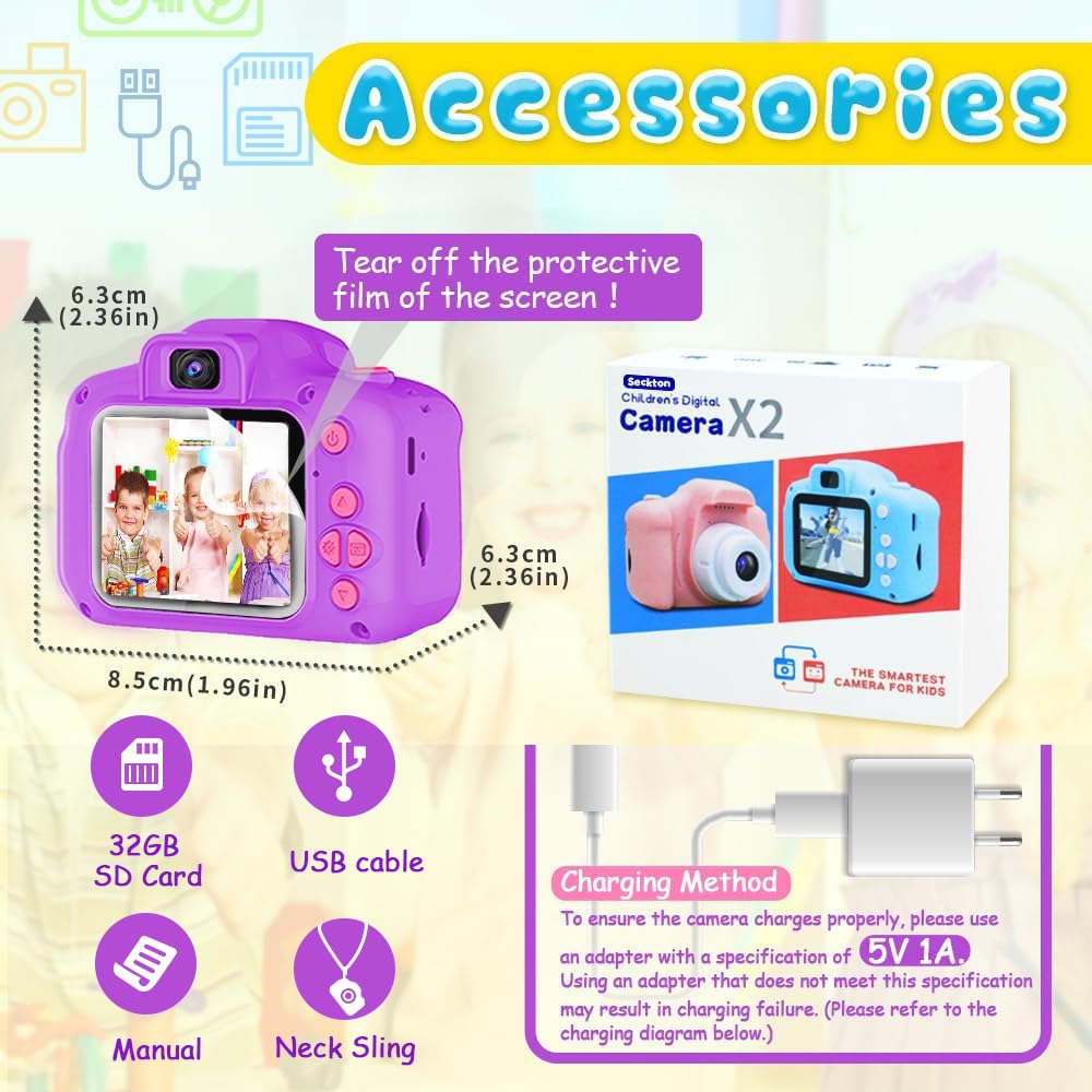 Seckton Upgrade Kids Selfie Camera, Christmas Birthday Gifts for Girls Age 3-9, HD Digital Video Cameras for Toddler, Portable Toy for 3 4 5 6 7 8 Year Old Girl with 32GB SD Card-Purple