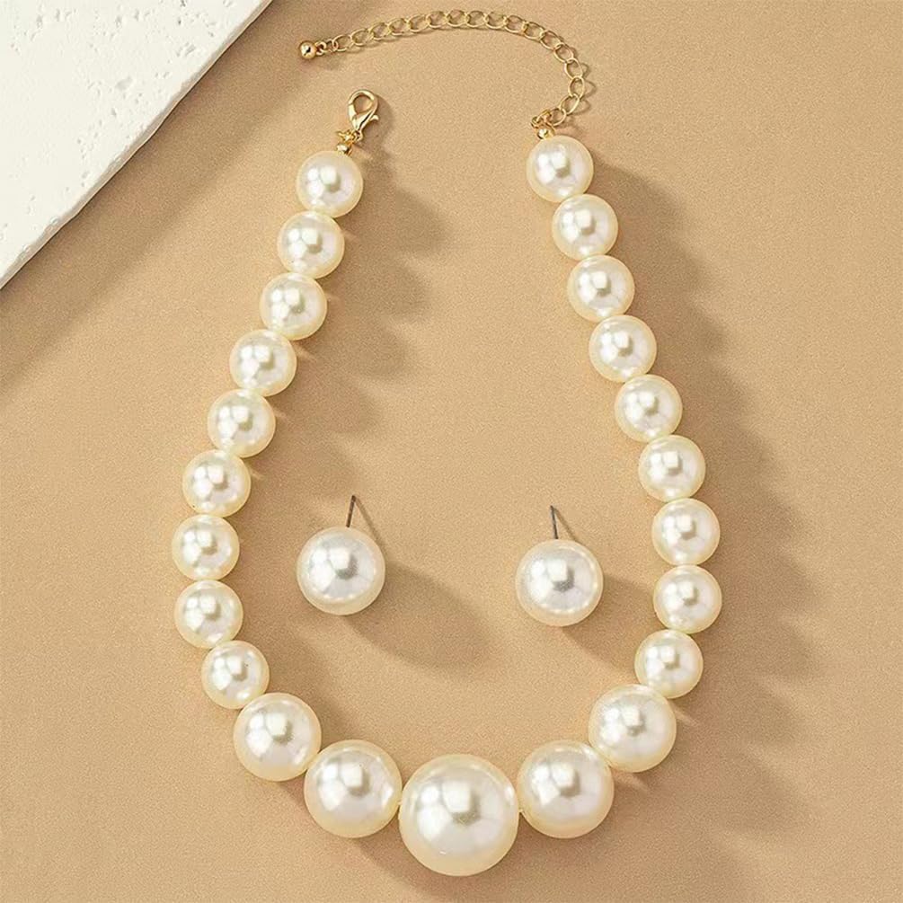 Statement Big Pearl Necklace Stud Earrings Jewelry Set for Women Trendy, Cute Beaded Chunky Pearls Studs Earring Choker Necklaces Party Jewelry Gifts - Image 7