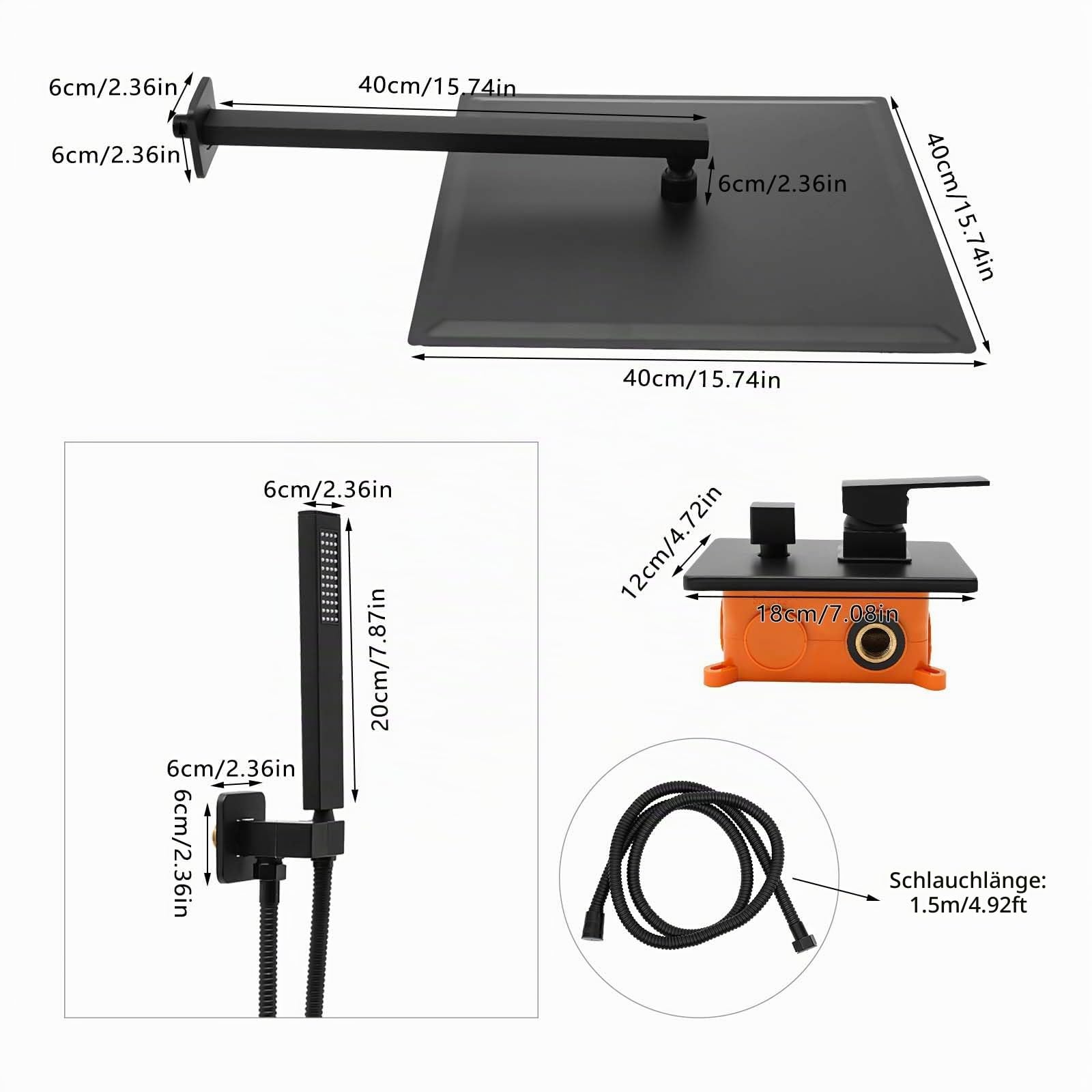 Regendusche Unterputz Duscharmatur Komplettset Wand Duschsystem inkl. 40 x 40 cm Große Quadratisch Kopfbrause, Handbrause, 360° Verstellbare Brausehalter, Schwarz