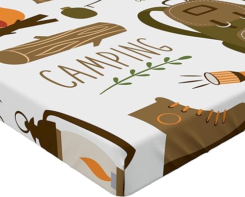 Miniatura 3 de Ambesonne Juego de sábanas bajeras de aventura, equipo de campamento, saco de dormir, botas, pala de fogata, impresión artística de troncos, ropa de