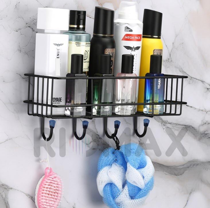 RIOMAX Wall Mounted Self-Adhesive Multipurpose Bathroom Shelf with Hooks/Towel Holder/Rack/Bathroom Accessories-Wall Mount (Material-GI Metal, Powder Coated Finish, Black, Pack of 1) (B0CGRRZW8D) Amazon Price History, Amazon Price Tracker