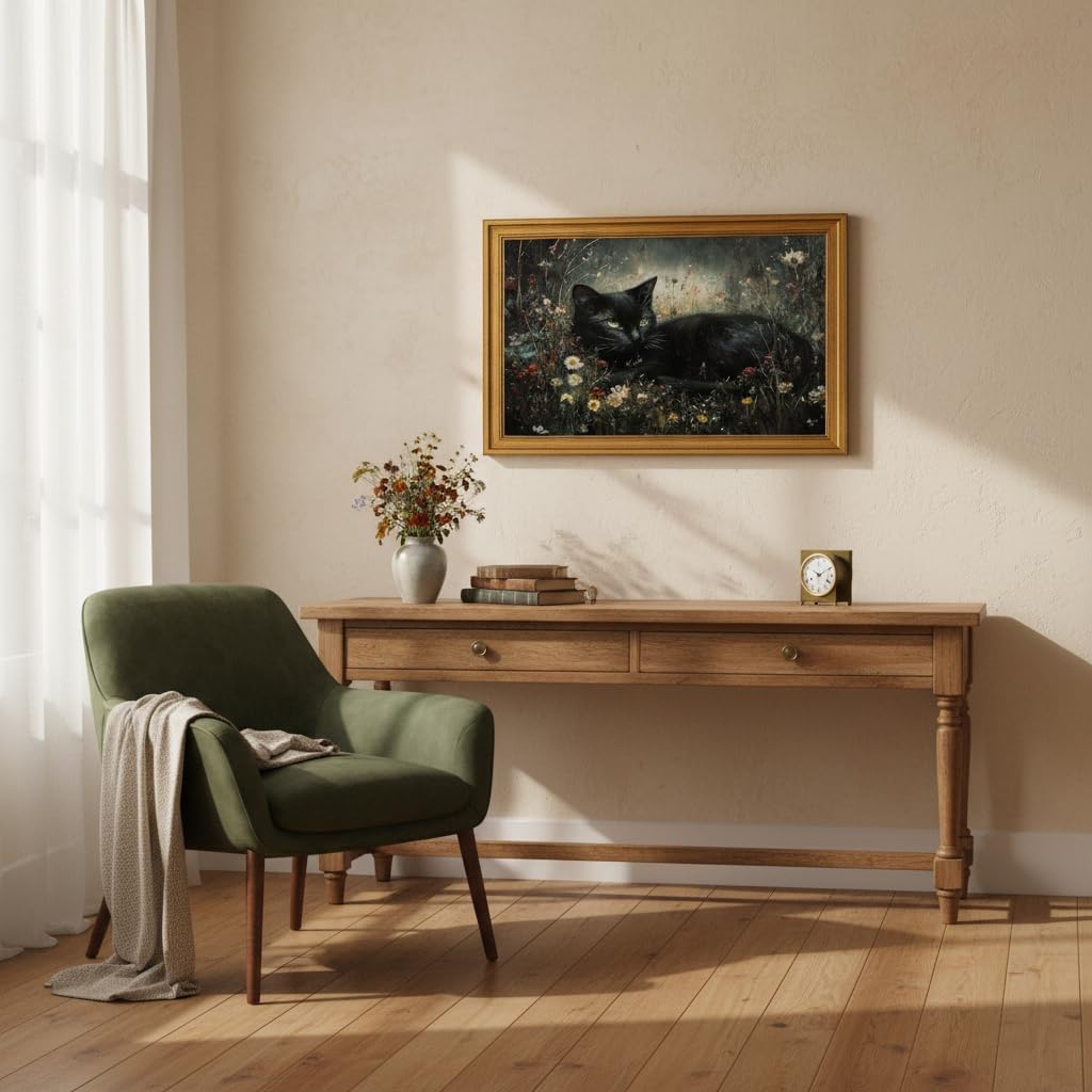 Vintage Gold Framed Black Cat Wall Art Dark Academia Cat Painting Picture Wall Decor Vintage Dark Gothic Moody Wildflower Poster Print Artwork for Living Room Bedroom Bathroom Home Decoration