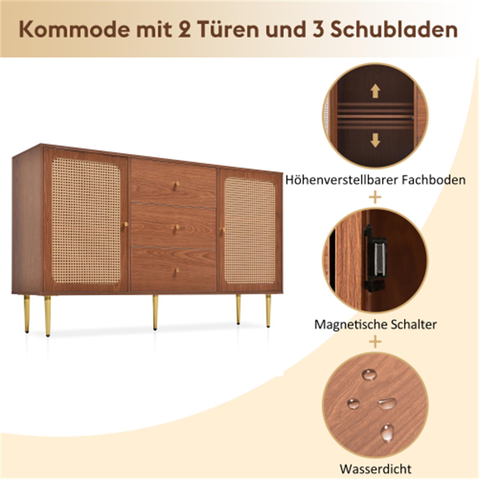 Mobile da ingresso alla moda retrò, mobile ausiliario in legno di rattan con 2 ante e 3 cassetti, ripiano regolabile con credenza con fibbia magnetica sulla porta, facile da montare
