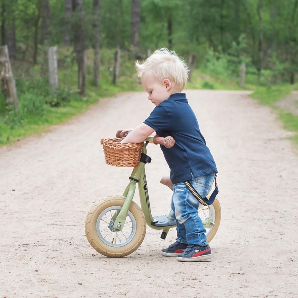Bandits & Angels Laufrad aus Metall mit Weidenkorb mit Trittbrett ab 2 Jahren – Lauflernrad – Verstellbarer Sattel 29 bis 39 cm – Für Jungen und Mädchen – Niedriger Einstieg