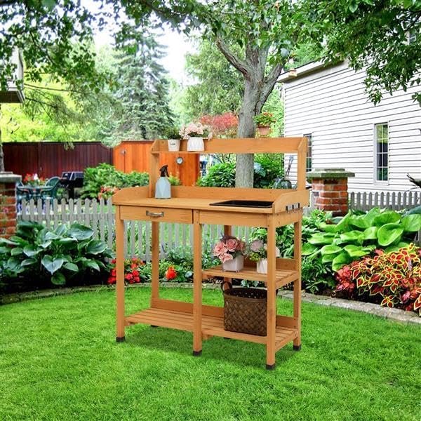 Potting Benches Tables Garden Planting Wood Outdoor Work Station Table with Storage Shelf,Moisture Metal Flowers Pot Bench Heavy Duty Planter Table Wood Plating Shelf Cabinet