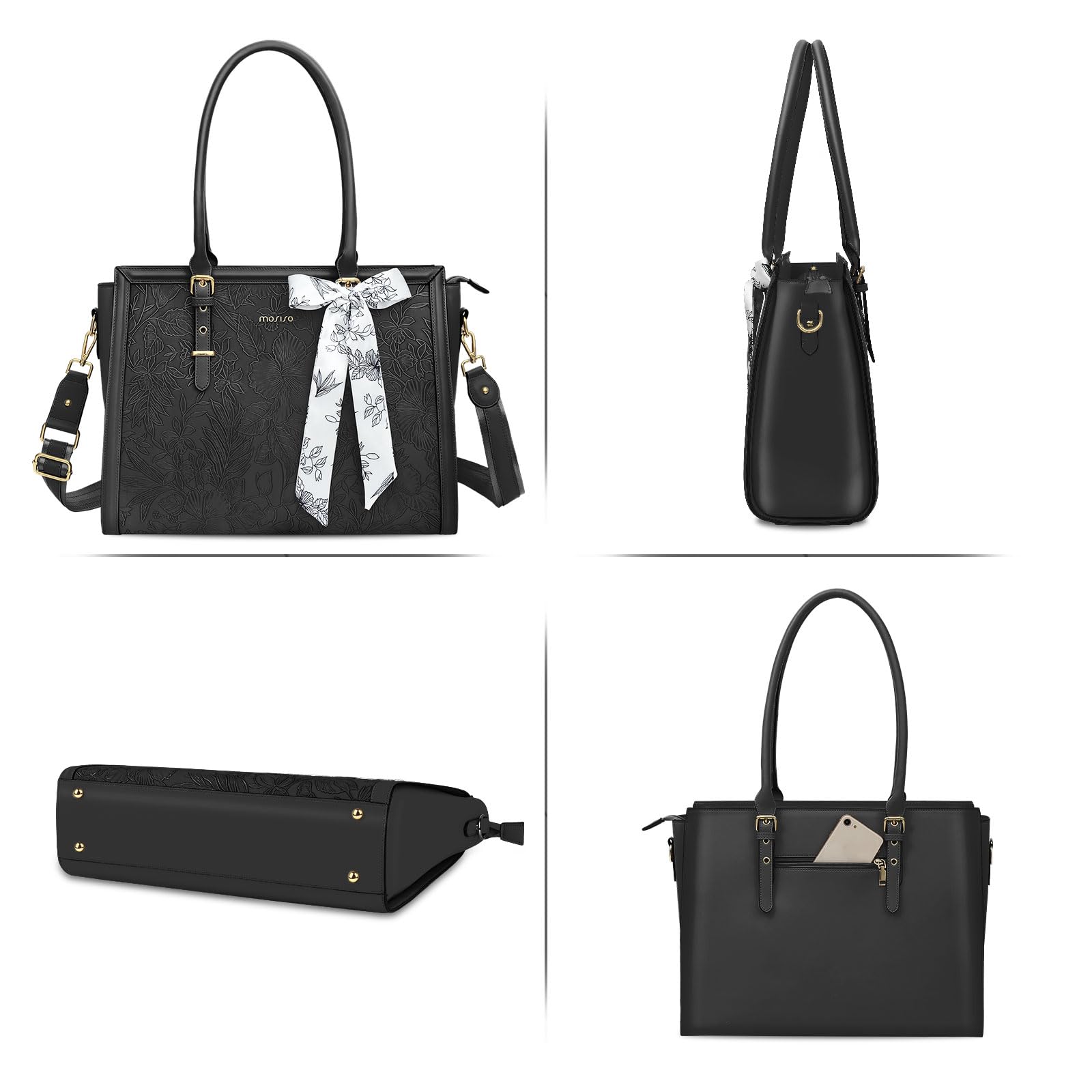 MOSISO Borsa Tote Laptop Donna,17-17,3 Pollici PU Pelle,Compatibile con MacBook,HP,Dell,Asus Notebook,Borsa Computer con Stampa Frontale Rilievo Ibisco Retro, Sciarpa Seta e Pochette,Nero