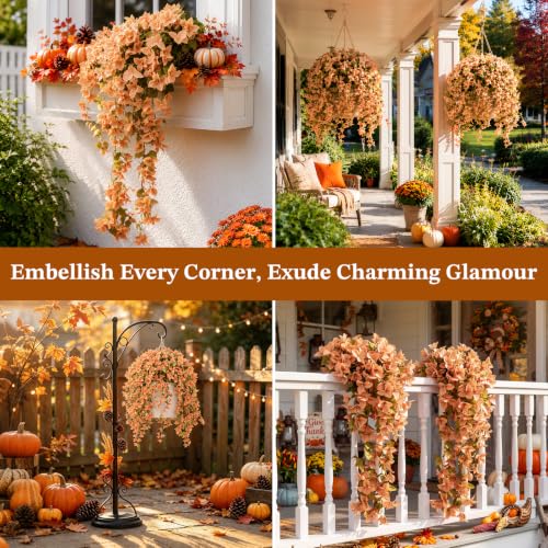 Image of Lewondr Artificial Fall Hanging Flowers UV Resistant Bougainvillea, Apricot | 2PCS Faux Silk Long Trailing Vines, Fade Proof, Fake Flowers for Autumn Decorations, Front Door Porch Planter Urn Patio