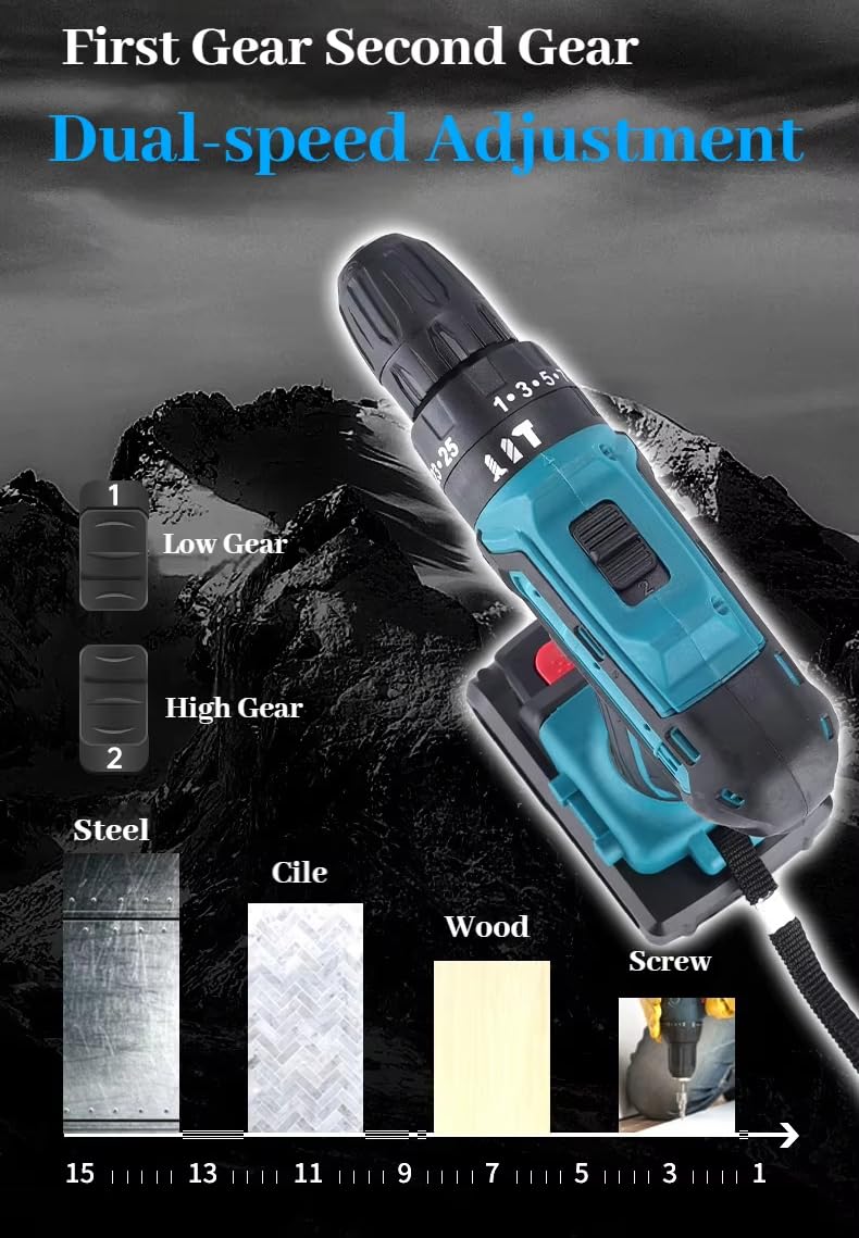 Trapano elettrico senza fili con 2 batterie da 21 V 1200 mAh, set di trapano elettrico da 38 Nm 32-in-1, trapano ad impulsi senza fili con 25 + 3 coppie di torsione, mandrino senza chiave da 1-10 mm