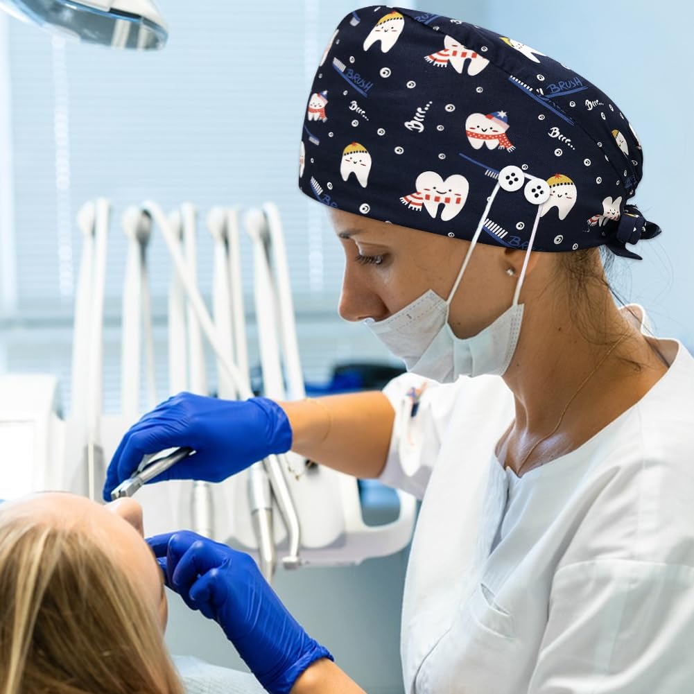 Zahnarzt-Kappen für Damen und Herren, verstellbar, elastisch, Krankenschwestermützen, Arbeitsmützen mit Knopf und Schweißband, 4 Stück
