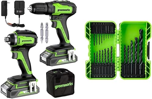 Greenworks Taladrodestornillador sin escobillas de 24 V kit combinado de impulsión de impacto baterías y cargador incluidos con juego de brocas de