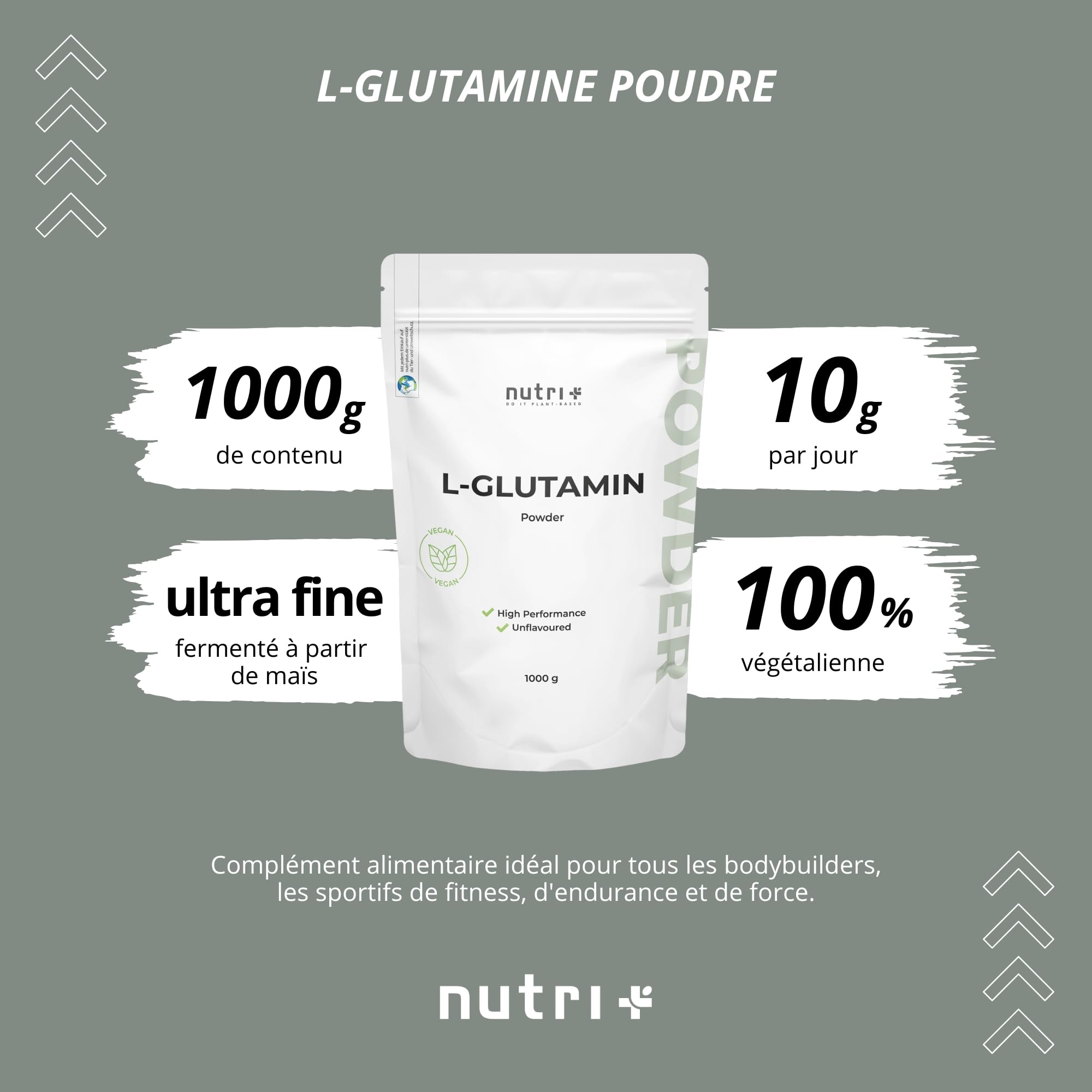 Nutri + L Glutamin Pulver Vegan 1 kg - Neutral & hochdosiert ohne Zusatzstoffe - 100% natur rein - Fermentiertes L-Glutamin Powder Made in Germany