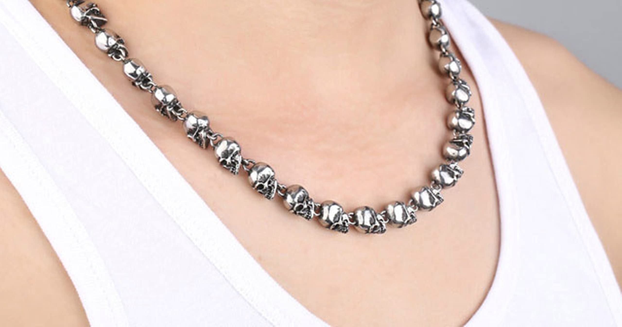 Collana a catena da uomo in acciaio inossidabile con teschio punk argento