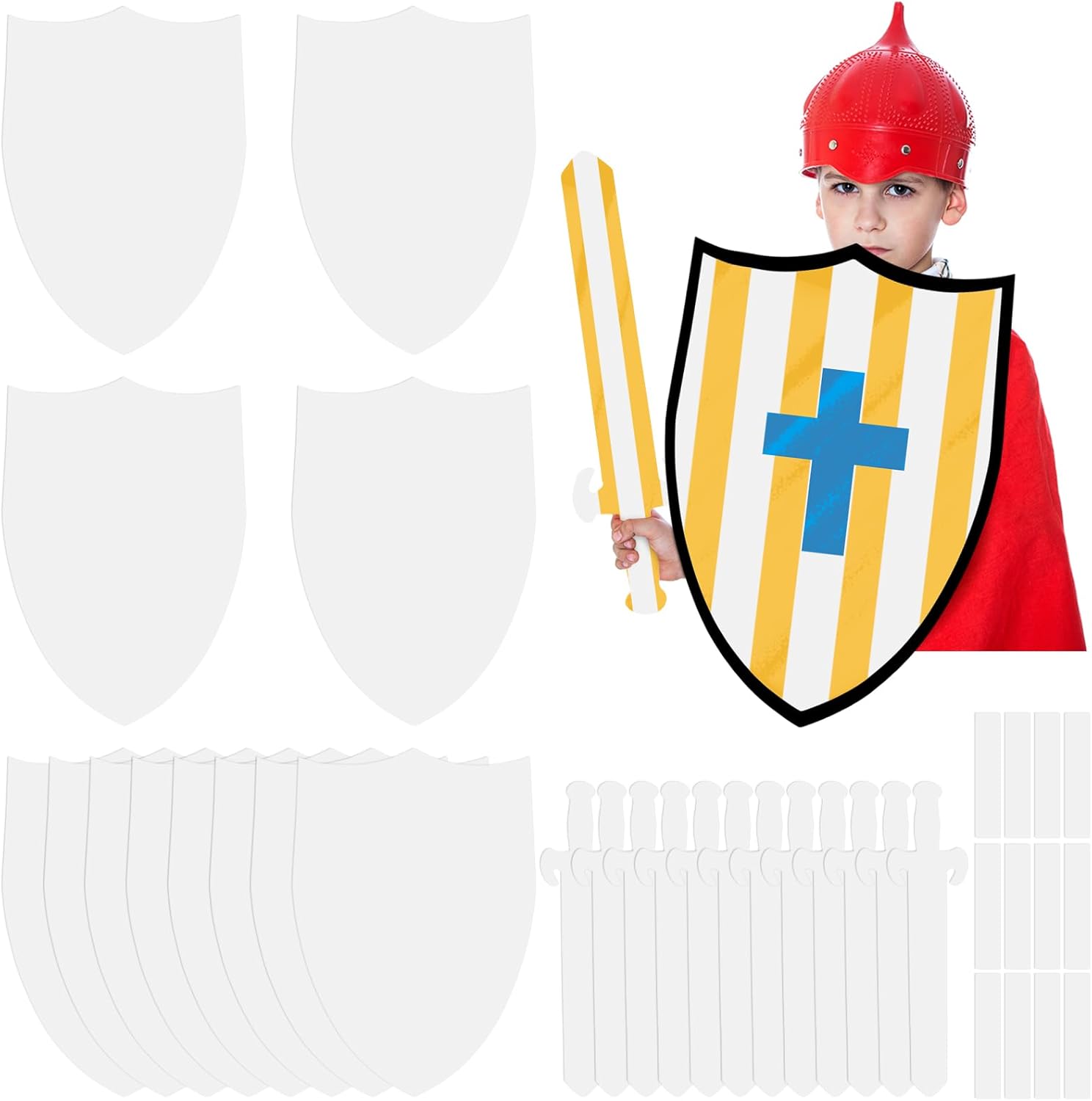 12 Sets DIY Swords for Kid Blank Cardboard Shields Craft to Decorate 15.8x22.8 Paper Shield Cutout with Handle for Knight Sword Party Favor Decoration School Play Castle Activities