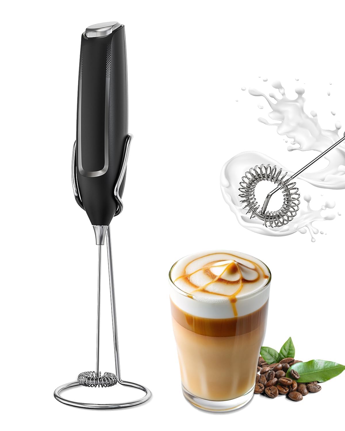 AAOBOSI Milk Frother Handheld with Stand - Battery Operated Electric Handheld Frother for Milk Coffee, Latte, Cappuccino, Matcha, Hot Chocolate (Battery Not Included