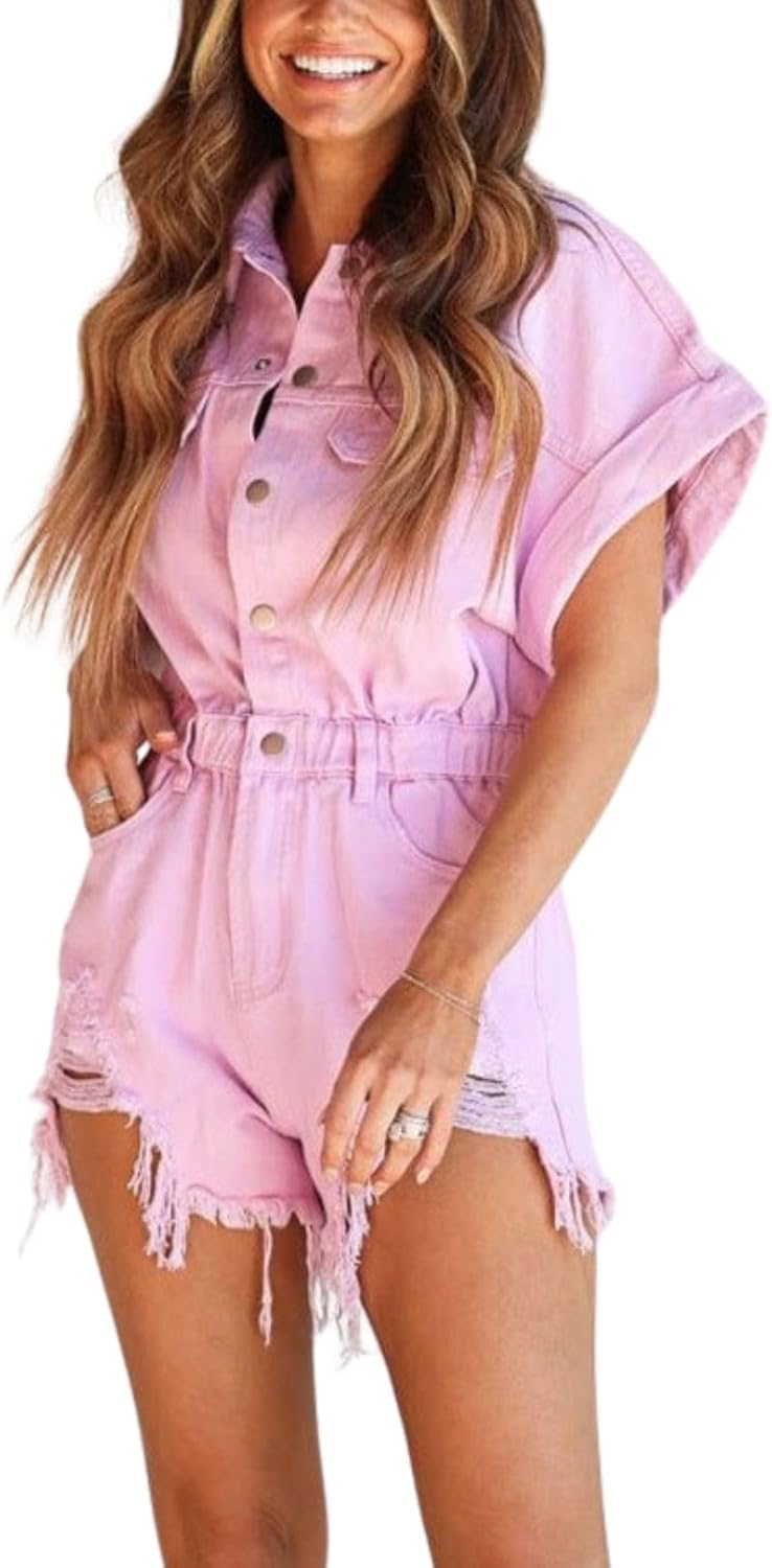 Women's Distressed Denim Romper Short Cuffed Sleeve Jean Jumpsuit Collared Ripped Frayed Shortalls Overalls