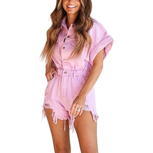 ChiyeeKiss Women's Distressed Denim Romper Short Cuffed Sleeve Jean Jumpsuit Collared Ripped Frayed Shortalls Overalls
