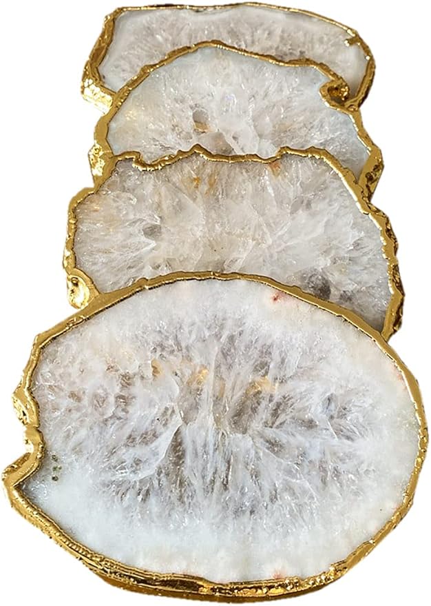 Natural Sliced White Agate Coasters for Drinks. Set of 4 Stone Geode Crystal Coasters with Plated Edge, Surface Protectors and no Added Dyes. 3.5”-4” Size. (Gold) stocking stuffer ideas for her, moms, girls, wife, girlfriends