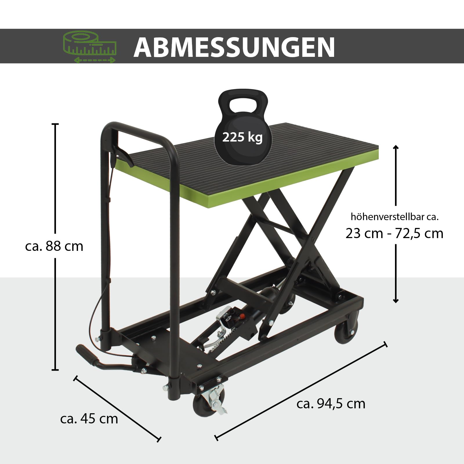TRUTZHOLM Scherenhubwagen hydraulisch 225 kg Tragkraft Hubbereich 230-725 mm rutschfeste gummierte Plattform 70,5x45 cm mobiler Hubtisch mit Feststellbremsen Hubtischwagen fahrbarer Hubwagen