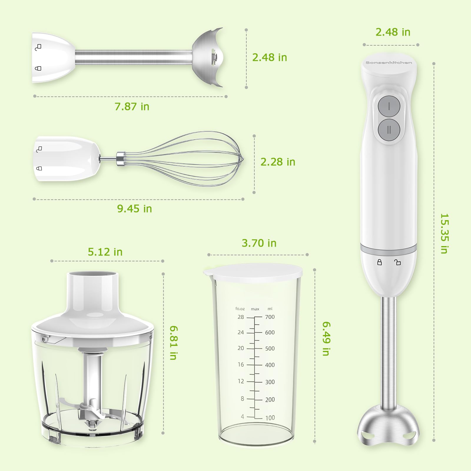 Bonsenkitchen Frullatore a mano con 2 velocità di miscelazione, 4 in 1 in acciaio inox con frusta, tazza e ciotola, bianco