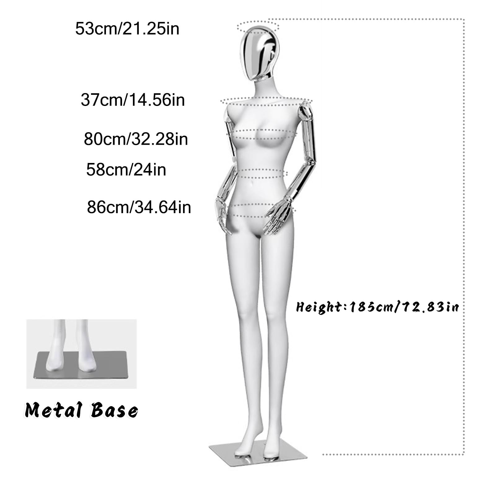 Maniqui Maniquíes Femeninos de Cuerpo Completo para exhibición al por Menor, 72,83 Pulgadas, con Cabeza y Brazo giratorios y Base metálica.(Silver)