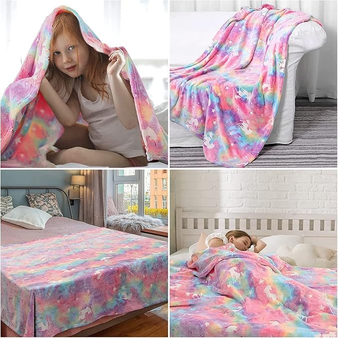 Image of Glow-in-The-Dark Kids Blanket a€ inch Polar Fleece Soft Lightweight Single Bed Blanket with Unicorn Jacquard Print, Multicolor (Rainbow)